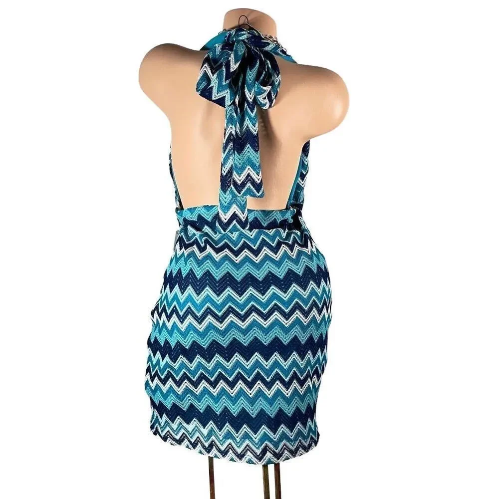 NWT Almost famous Sz L Teal White Chevron Backless Cleavage Sexy Fun mini dress